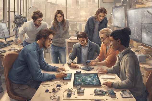 A rendition of a room containing 8 people of various sexes and ethnicities dressed in casual clothing. They are working on building a piece of artificial intelligence. The room has large glass windows and outside a typical English town